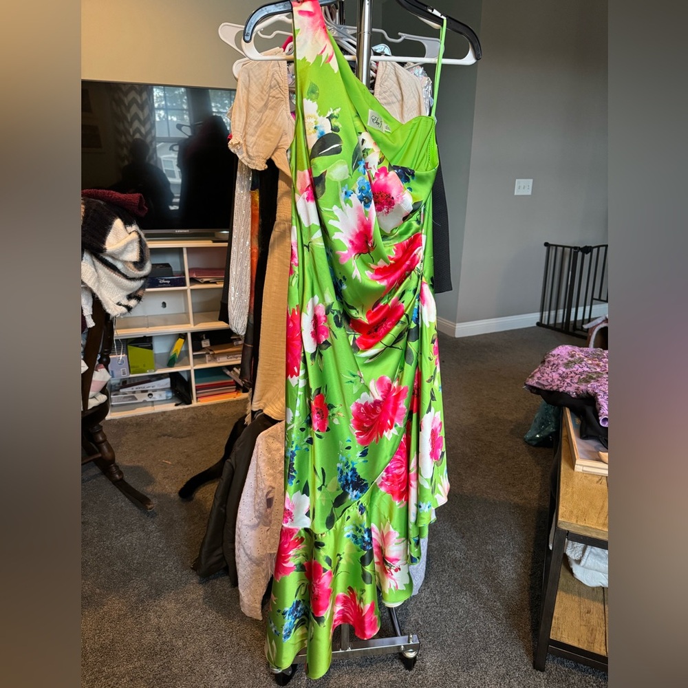 Eliza J One Shoulder Dress with Pink and White Floral on Green